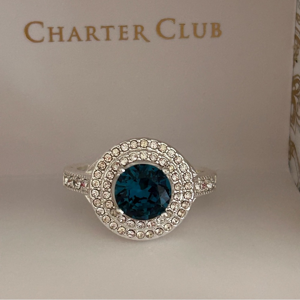 Charter Club Silver Ring with Deep Blue Gem - Picture 3 of 7
